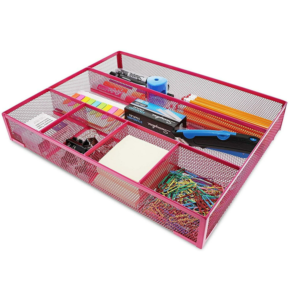 Pink Mesh Metal Office Desk Drawer Organizer Tray, 15 x 12 x 2.5 inches