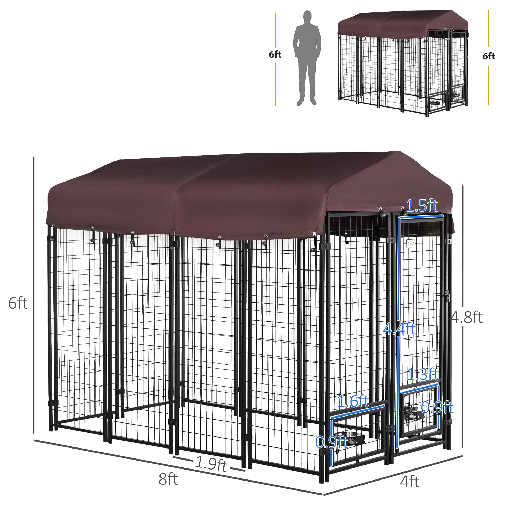 PawHut Outdoor Dog Kennel with Rotating Bowl Holders, Walk-in Pet Playpen, Red