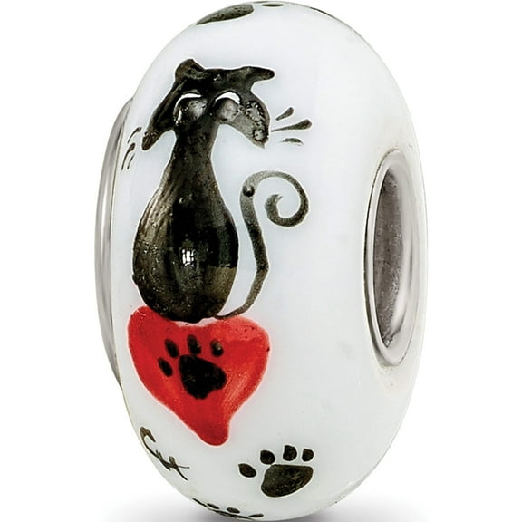 Sterling Silver Ster.Silver Reflections White Hand Painted Cat Paws Fenton Glass Bead Made In United States qrs3661