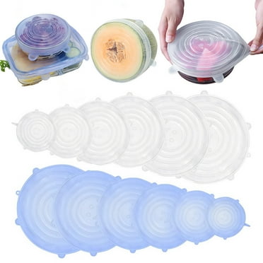 GLUAAE 12 PCS Kitchen Silicone Stretch Lids Reusable, Airtight Food Storage Covers, Various Sizes Seal Bowl Stretchy Wrap Cover for Containers, Cups, Plates, Microwave(white   blue)