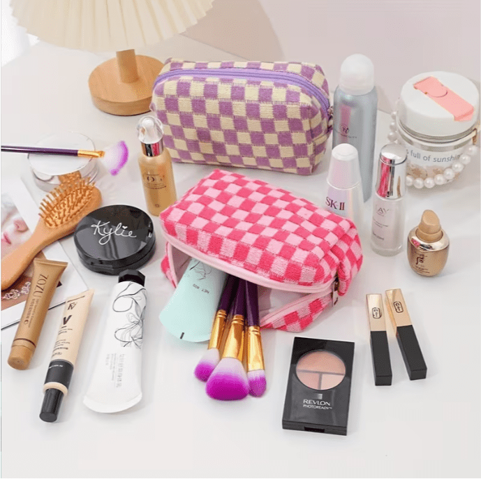 2pcs Checkered Travel Duffel Bag with Makeup Bag for Women Foldable Gym Bag Carry On Weekender Bag with Shoe Compartment,Detachable Straps For Travel, Business And Fitness