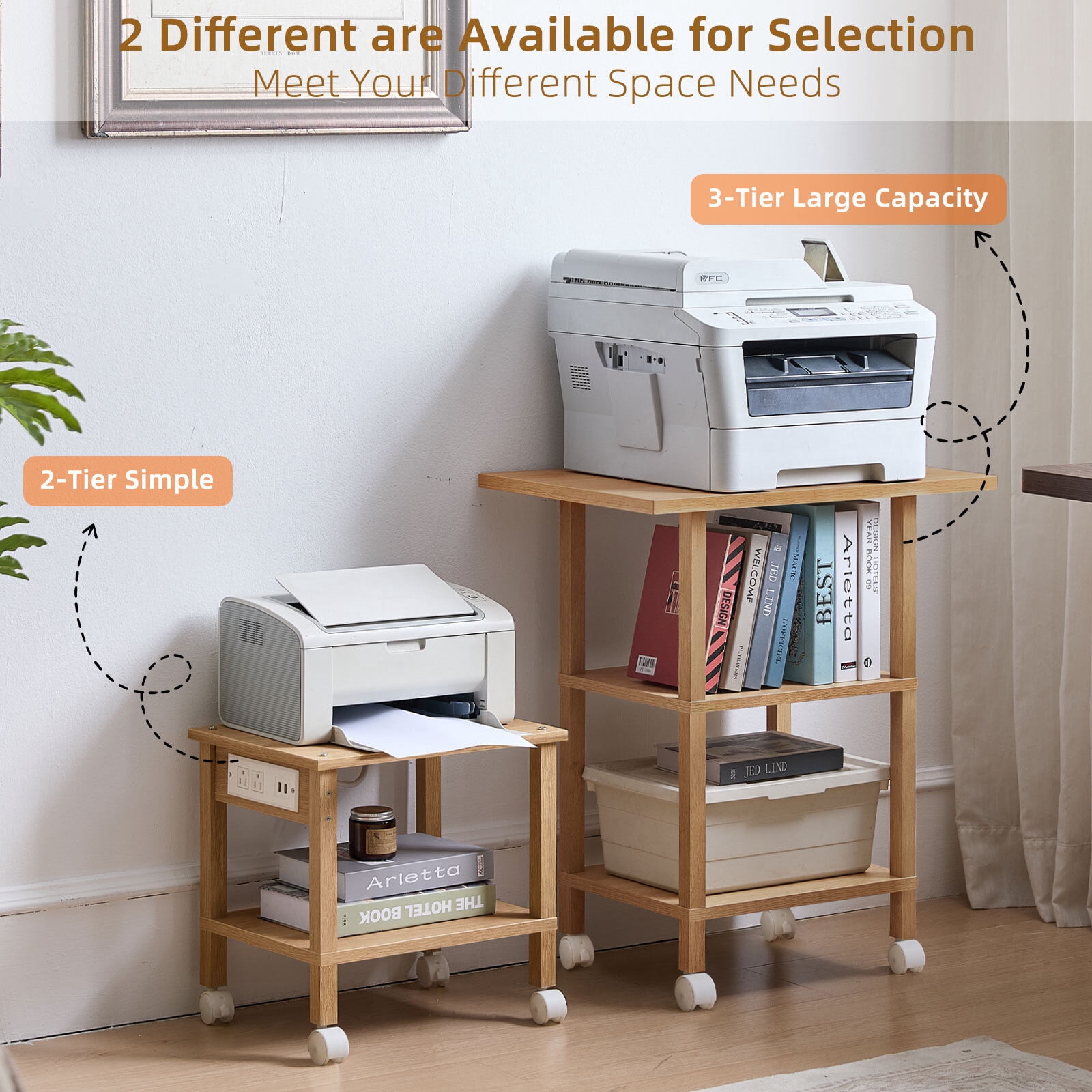 Leyaoya 2-Tier Printer Stand with Charging Station, Under Desk Organizer with Storage Shelves for Home Office, Natural Oak