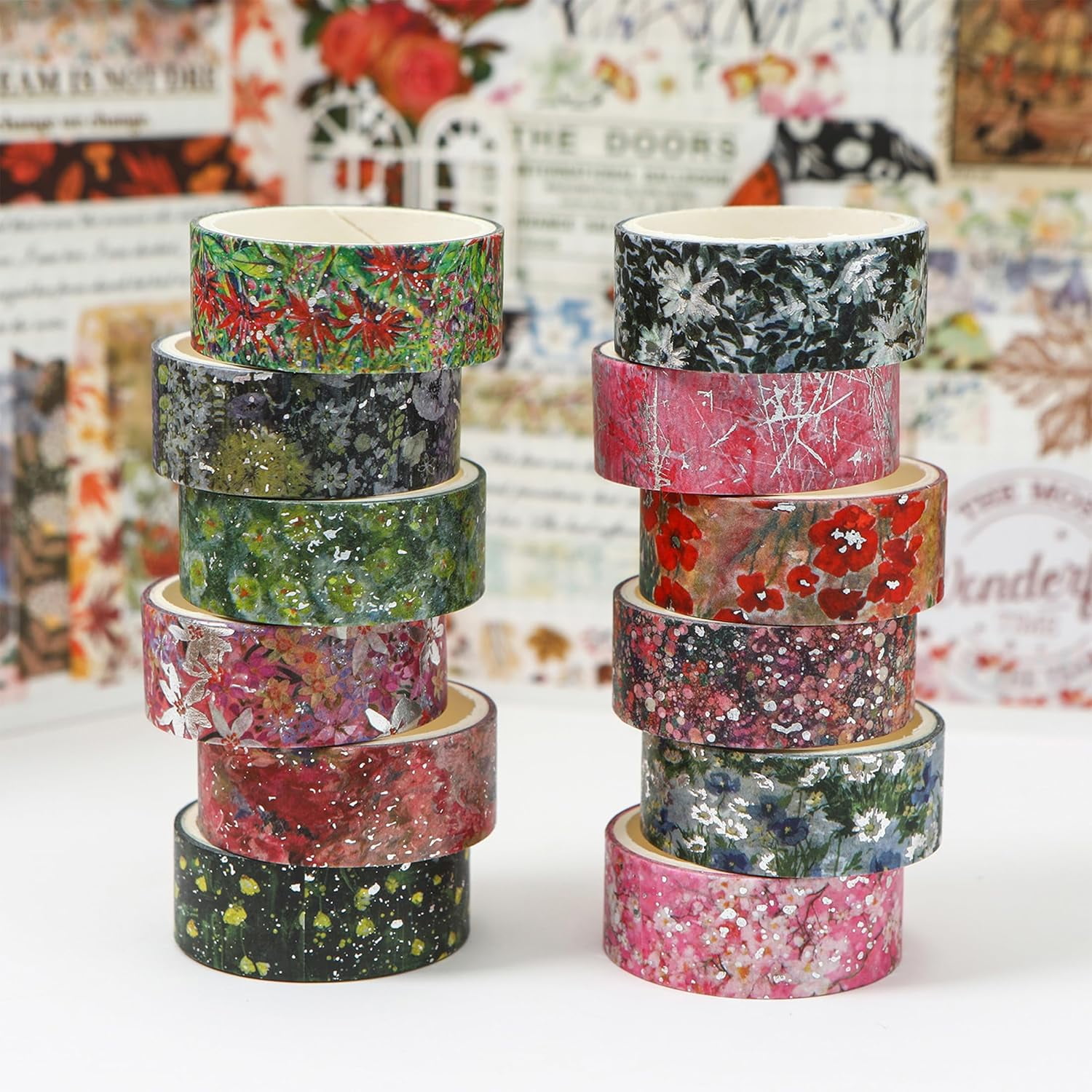Flowers Washi Tape Set Floral Arts Adhesive Tapes Splast Silver Decorative Masking Tape Sets for Craft, Scrapbook, DIY, Gift Wrapping (Pinky Bloom)