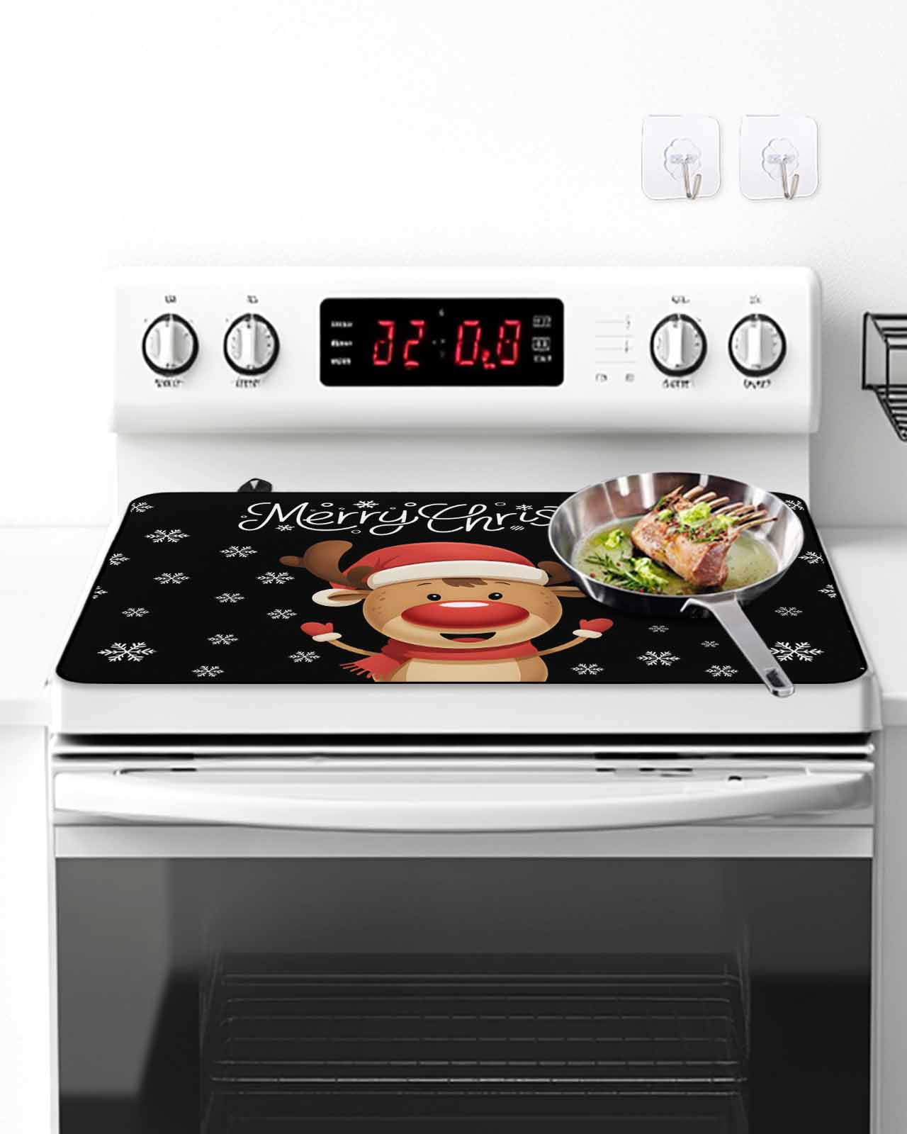 Stove Top Covers for Electric Stove, Merry Christmas Glass Stovetop Cover Protector, Winter Cartoon Xmas Deer Snowflake Induction Cooktop Protector Oven Mat for Kitchen Countertop 31"x24"