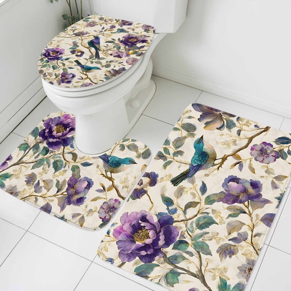 Spring Flowers Bathroom Rugs Set Vintage Gorgeous Purple Flower Bird Waterproof Leaf Non Slip Absorbent Soft Bath Mats 3 Piece Set with Bathroom Rug, U-Shaped Floor Mat, Toilet Seat Cover Small Size