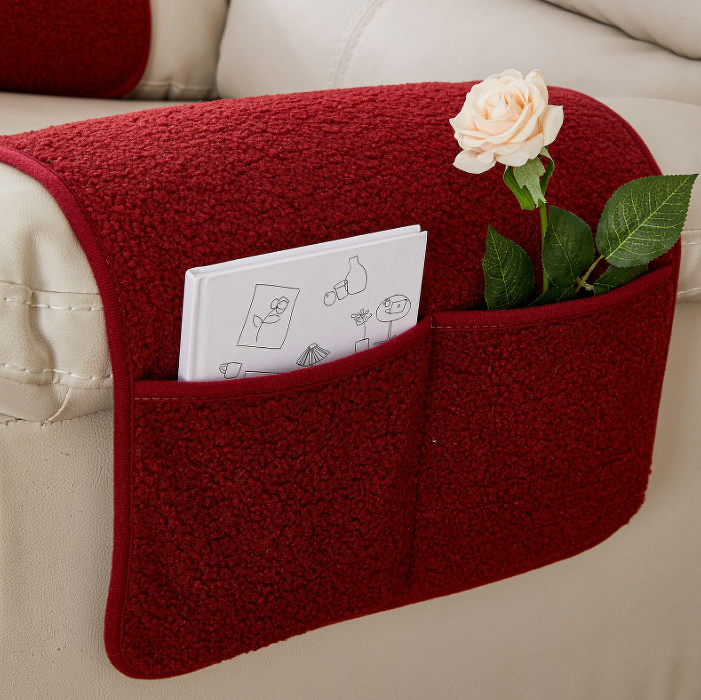 Garayma 3 Pcs Recliner Covers Armrest Covers with Storage Pockets Headrest Cover Armchair Slipcovers Sofa Recliner Protector Red