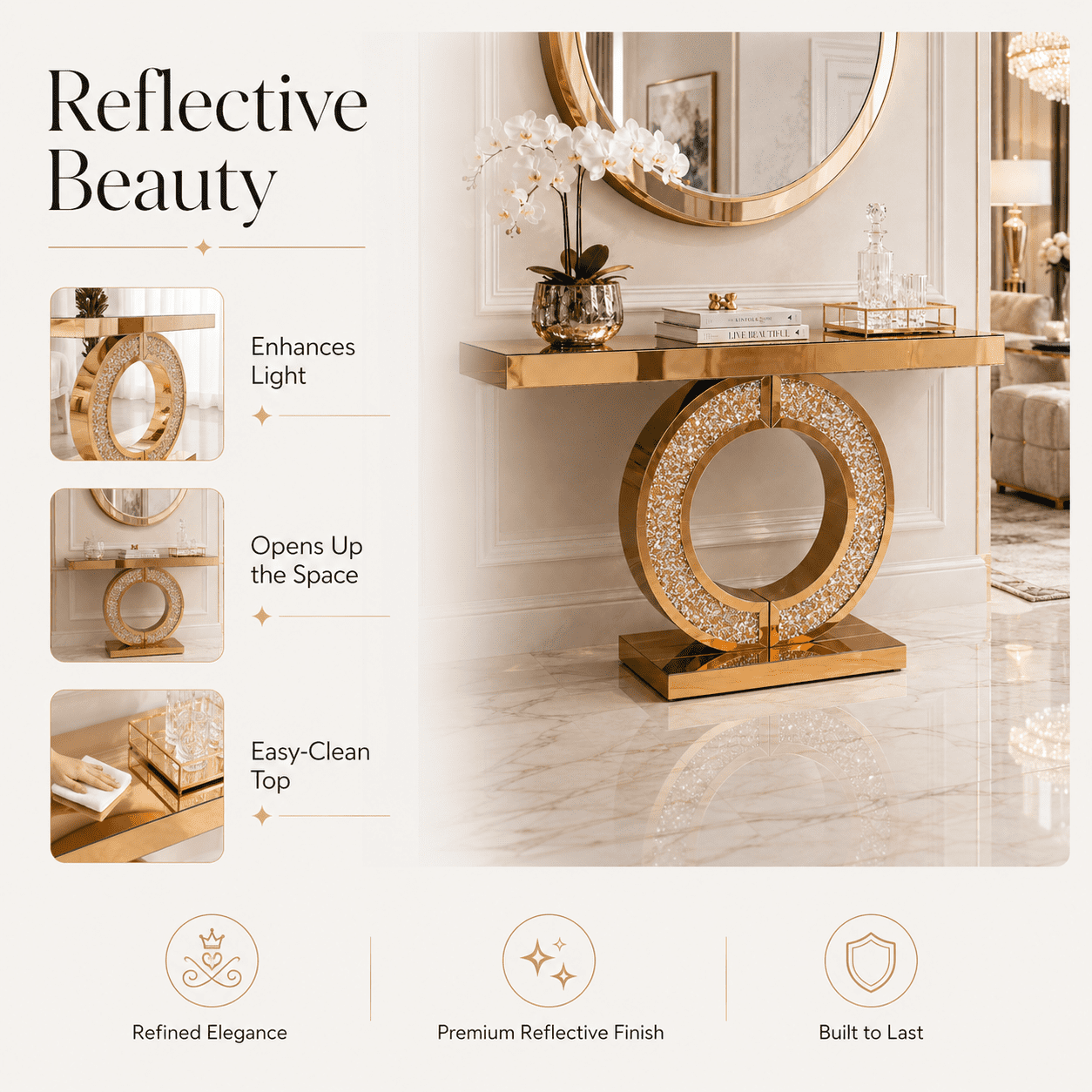 Aukfa 43" Mirrored Console Table, O-Shaped Crystal Inlay Entryway Table with Beveled Edges,Gold