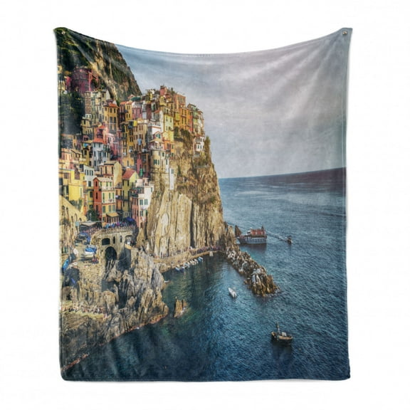 Vernazza Soft Flannel Fleece Throw Blanket, Panoramic View of Manarola Village of Italy Sea and Houses on Cliffs, Cozy Plush for Indoor and Outdoor Use, 60" x 80", Multicolor, by Ambesonne