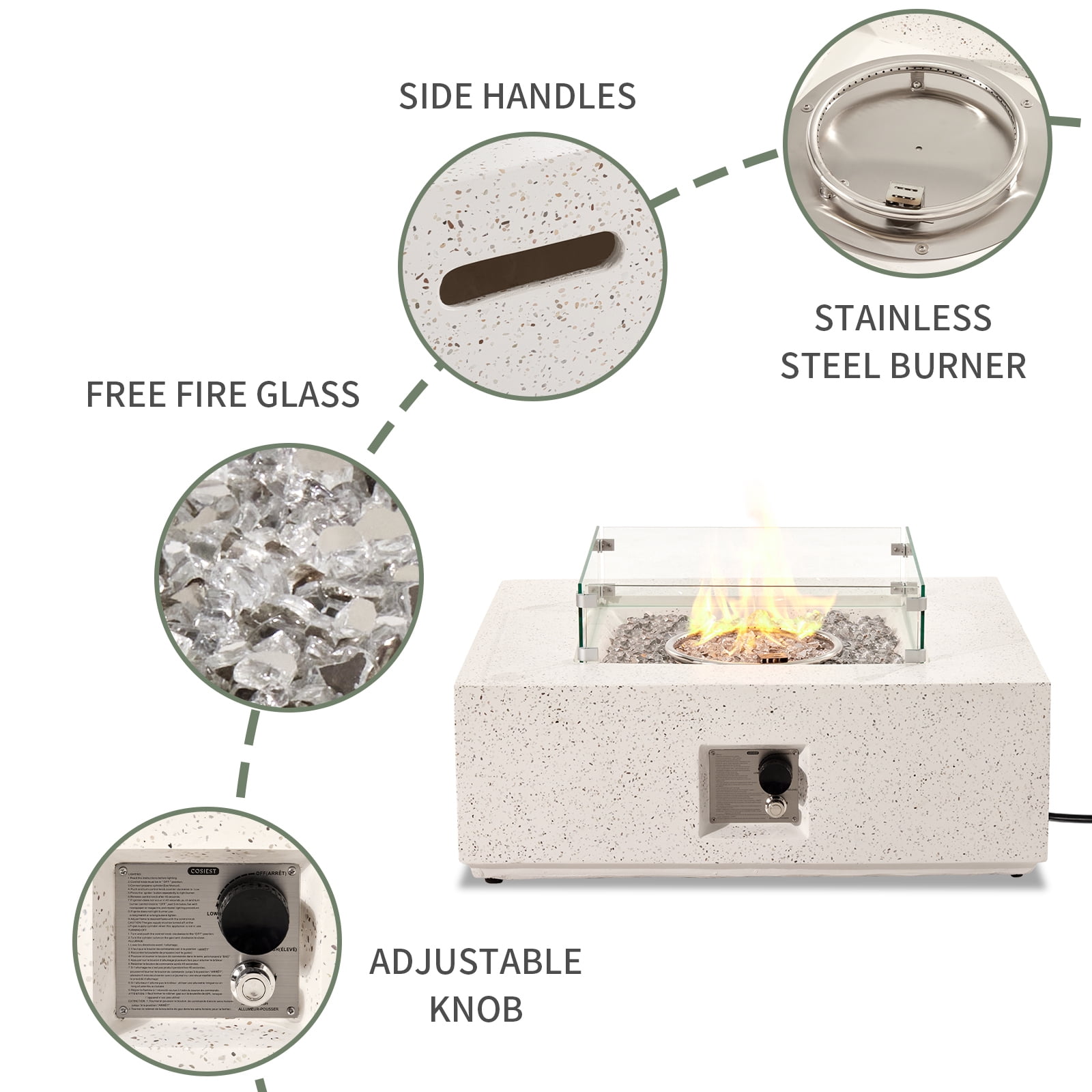 VENTOPYR Outdoor Propane Square Fire Pit Table, Terrazzo White Faux Stone 35-inch Planter Base, 50,000 BTU Stainless Steel Burner, Transparent Gray Fire Glass and Rain Cover, Metal Lid