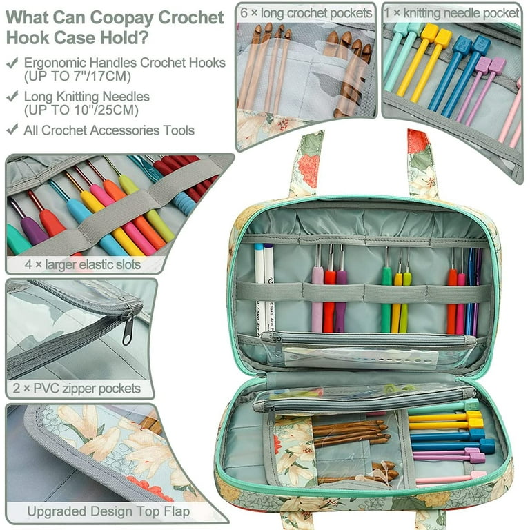 Crochet Hook Case Large Knitting Needle Case with Handle Crochet Hook Organizer Portable Travel Storage Bag Fits All Ergonomic Crochet Hooks Set
