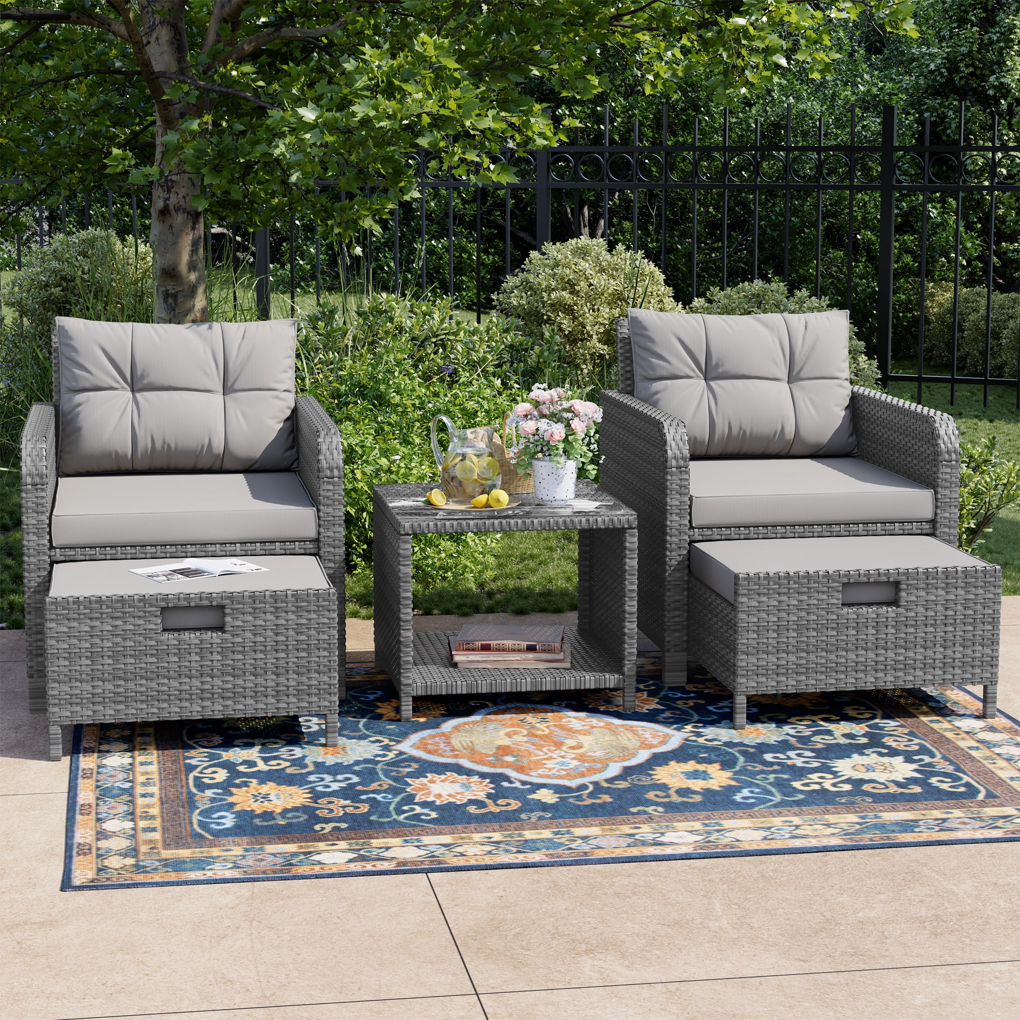 LHBcraft Balcony Furniture 5 Piece Patio Conversation Set, PE Wicker Rattan Outdoor Lounge Chairs with Soft Cushions 2 Ottoman&Glass Table for Porch.