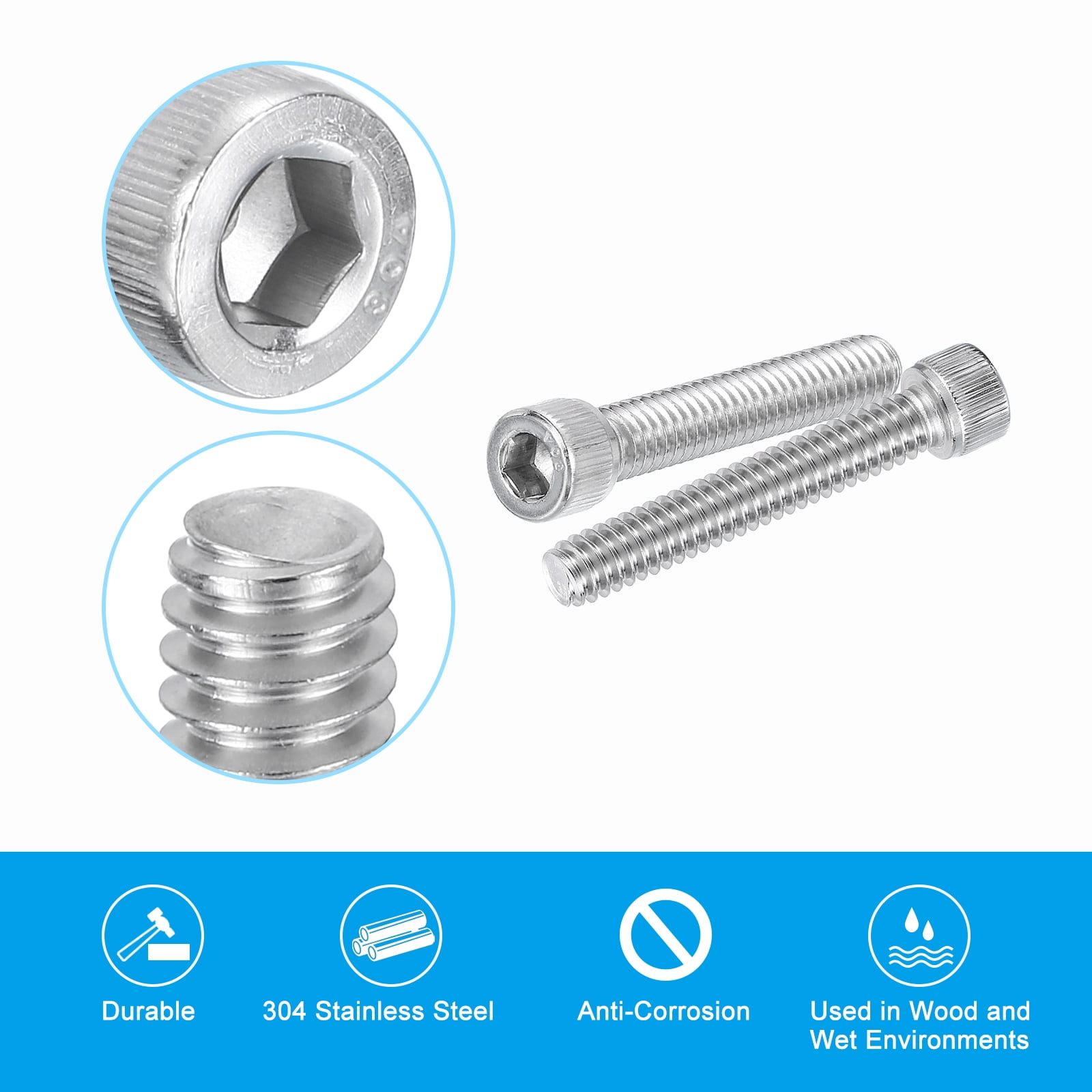 Uxcell 1/4-20 x 1-1/2" Hex Socket Cap Head Screw Bolt, 30Pcs 304 Stainless Steel 18-8, Machine Full Thread
