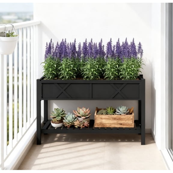 Elevated Wood Planter Box,Raised Garden Bed,with Storage Shelf,Drainage Holes,and Liner