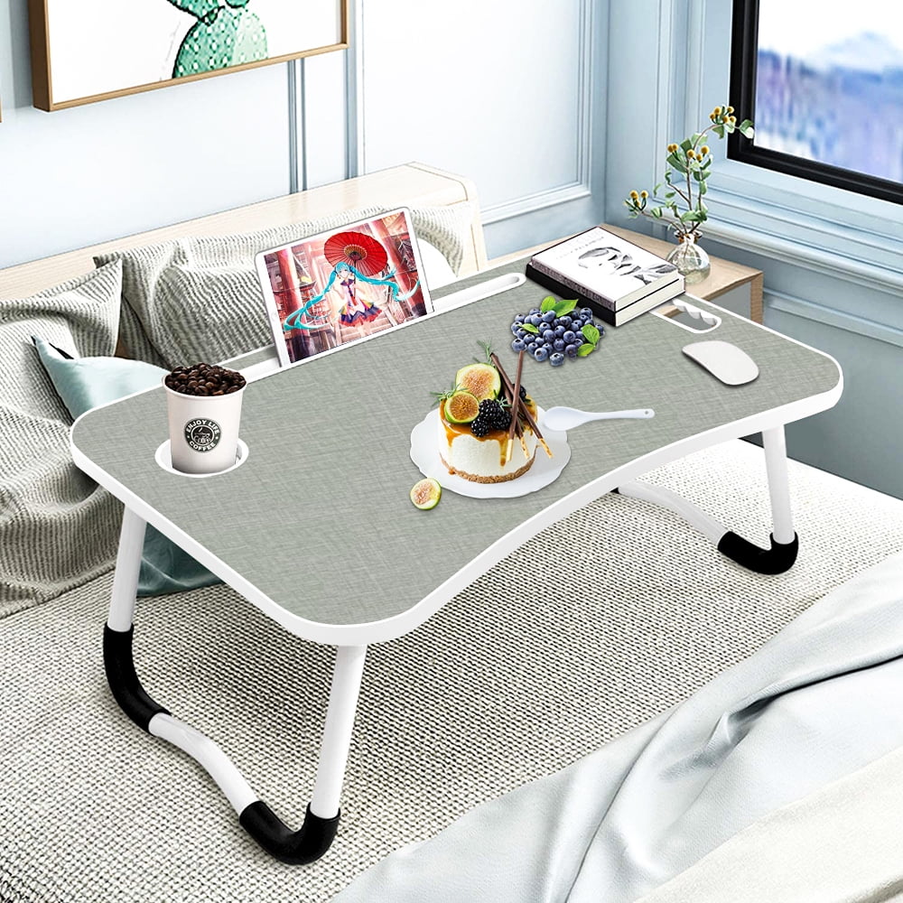 Bed Tray Table Folding Legs with Phone Tablet Holder, Cup Holder, USB