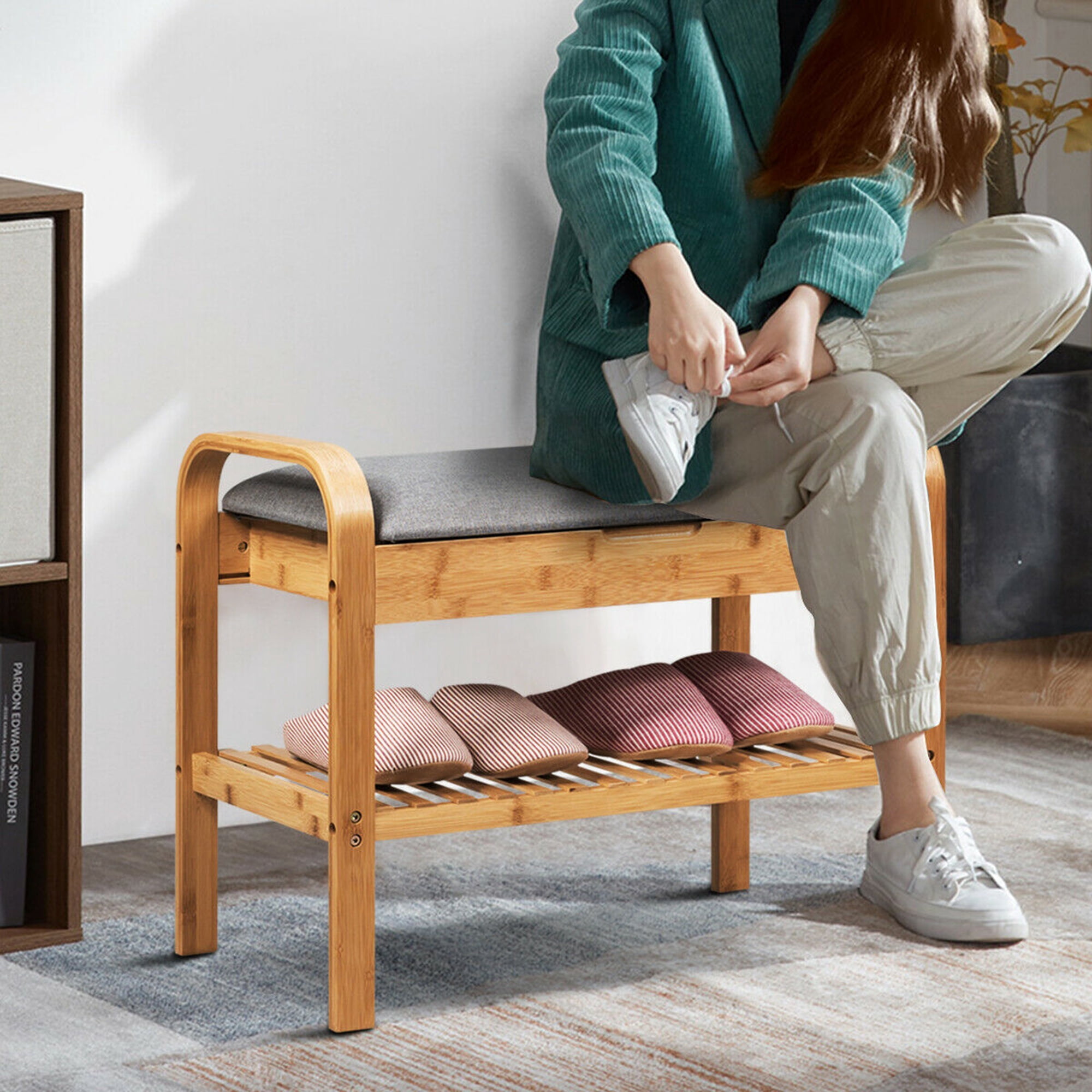 Gymax 1-Tier Cushioned Seat and Shoe Storage Bench, Bamboo, Linen and Wood, Brown and Gray