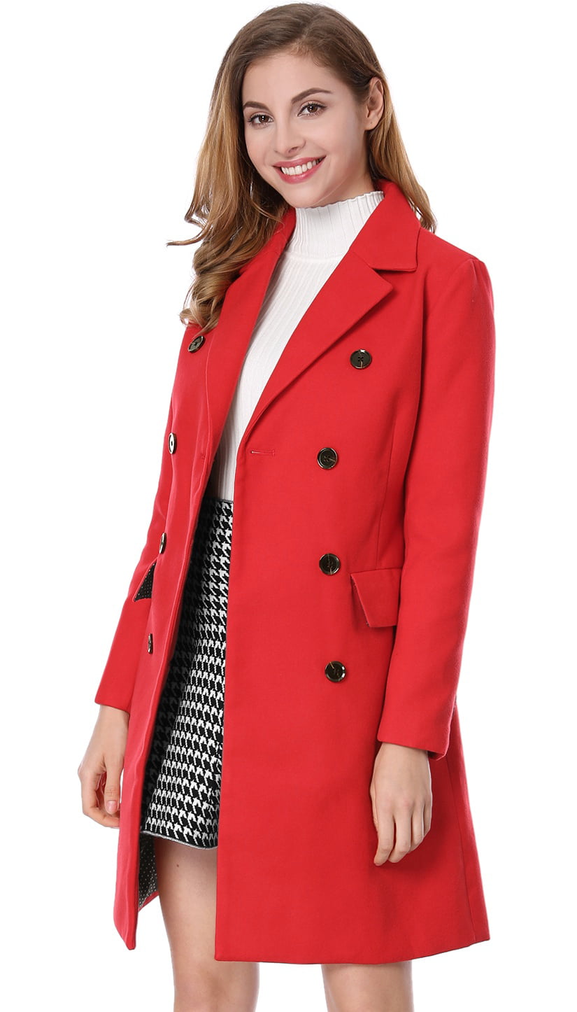 Unique Bargains - Women's Notched Lapel Double Breasted Trench Coat Red