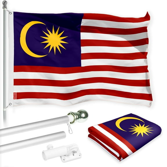G128 Combo Pack: 6 Ft Tangle Free Spinning Flagpole (Silver) & Malaysia Flag 3x5 Ft Printed 150D Polyester, Brass Grommets (Flag Included) Aluminum Flag Pole