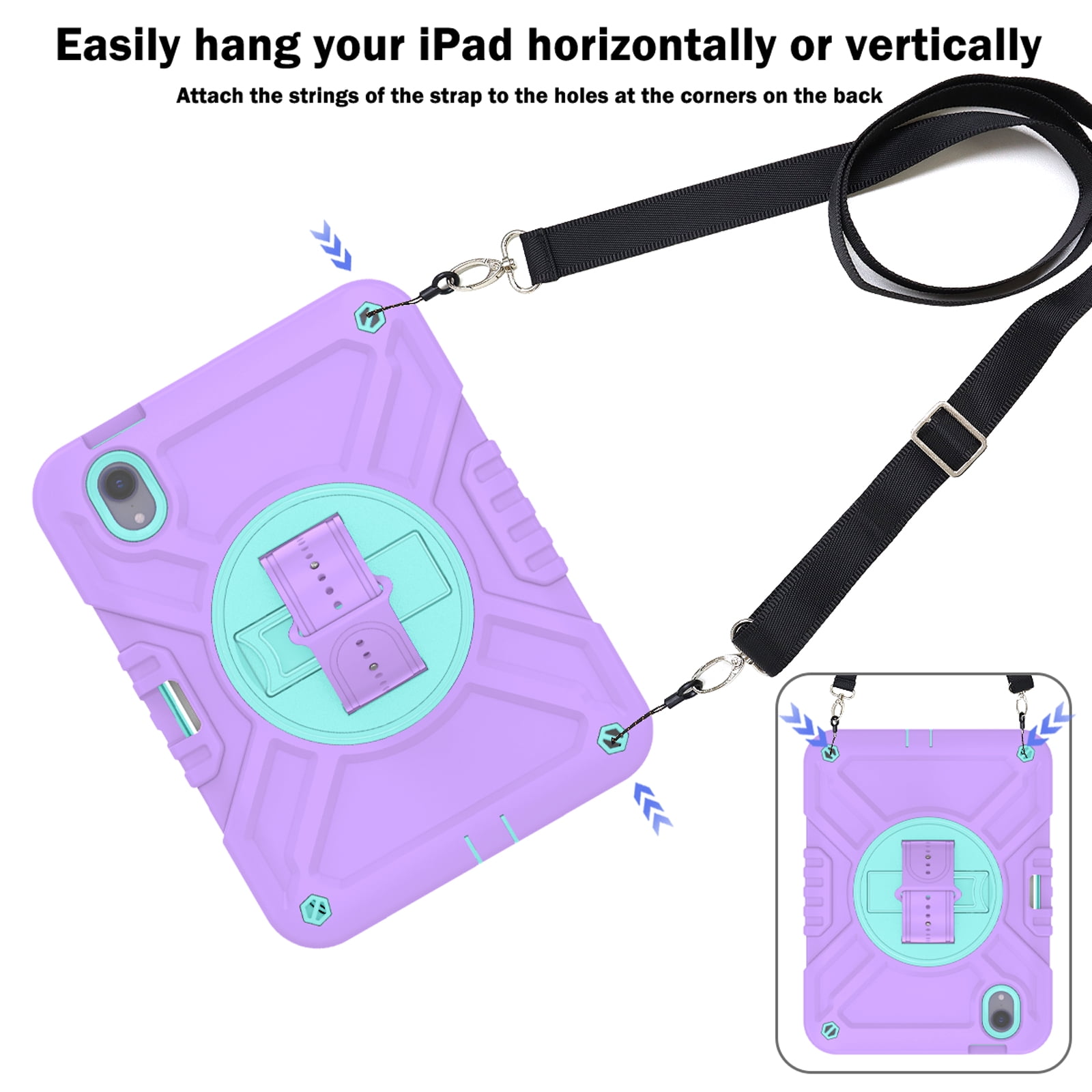 Dteck Case for iPad mini 7 (A17 Pro) 8.3 inch 2024/ iPad mini 6th Generation,Heavy Duty Rugged Drop Proof Shockproof Armor Case with Stand Pencil Holder Hand Strap Shoulder Strap,Purple+Green