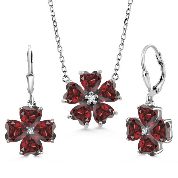 Gem Stone King 925 Sterling Silver Red Garnet and White Lab Grown Diamond Pendant Necklace Earrings Jewelry Set for Women (13.05 Cttw, Heart Shape 6MM, with 18 inch Chain)