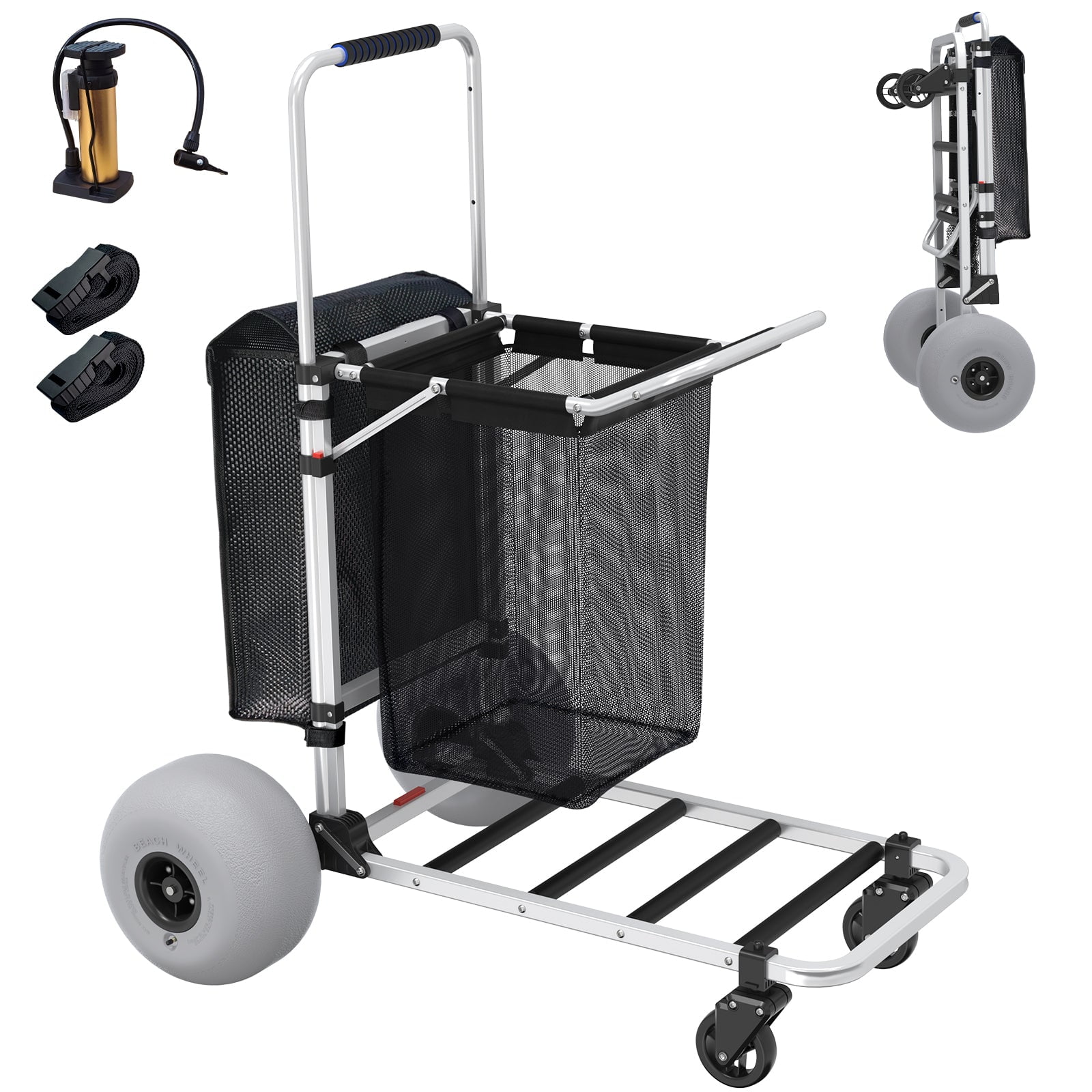 GDLF Foldable Beach Cart with Adjustable Handle and 12" Balloon Wheels, Heavy Duty Aluminum  220LBS Capacity