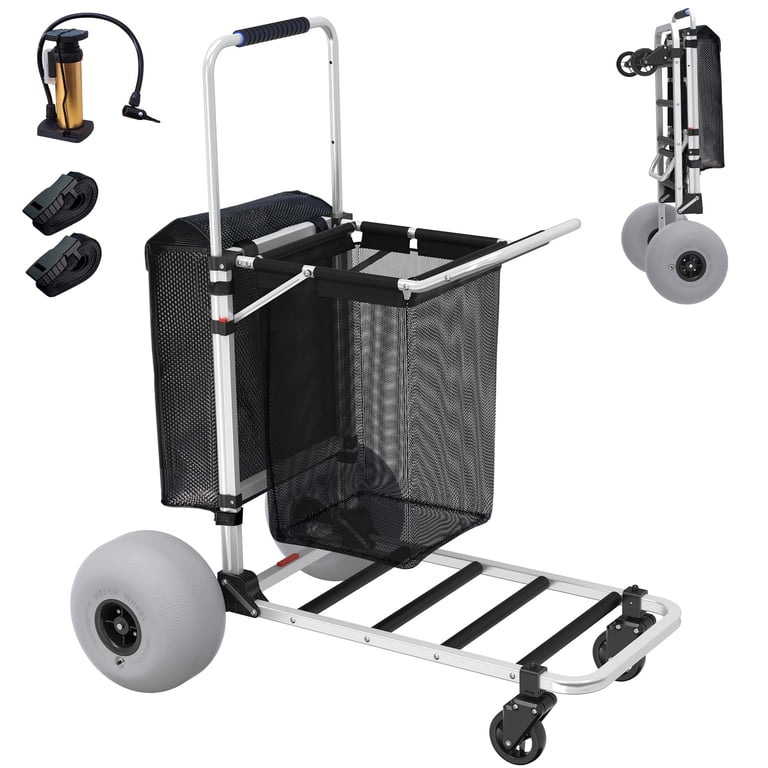 Foldable Beach Cargo Cart With 12 Inch Balloon Wheels - Heavy Duty Beach Wagon For Sand, Fishing & Camping Gear