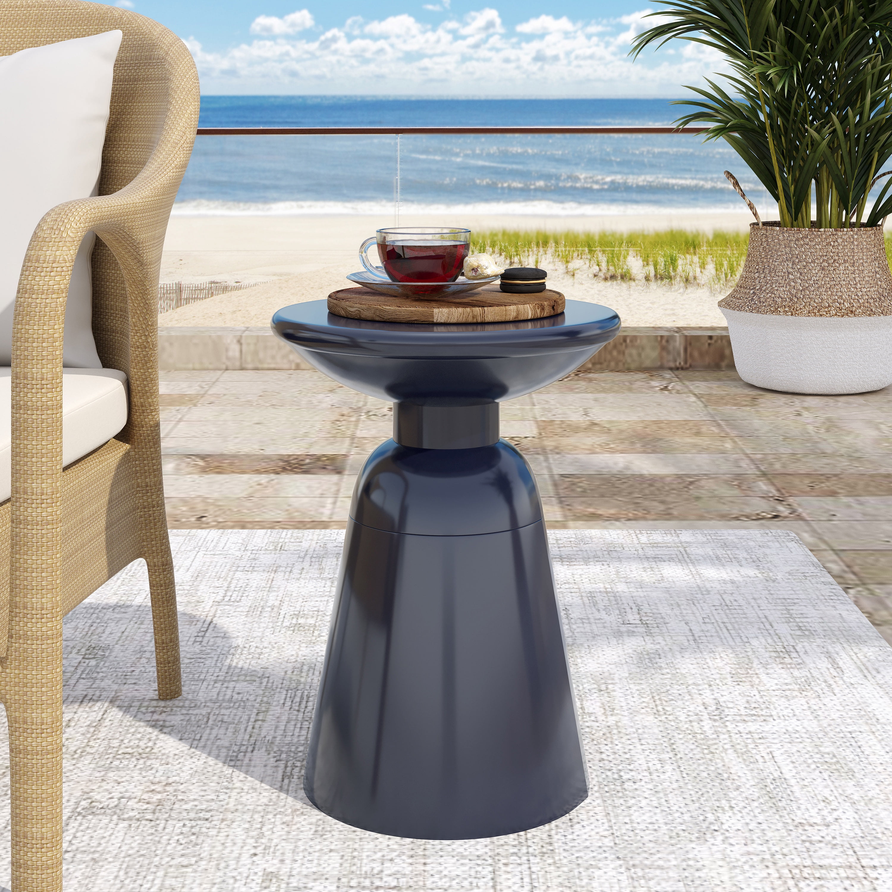 Outdoor Large Pedestal Side Table, Metal Frame Accent Table for Patio Garden, Navy Blue