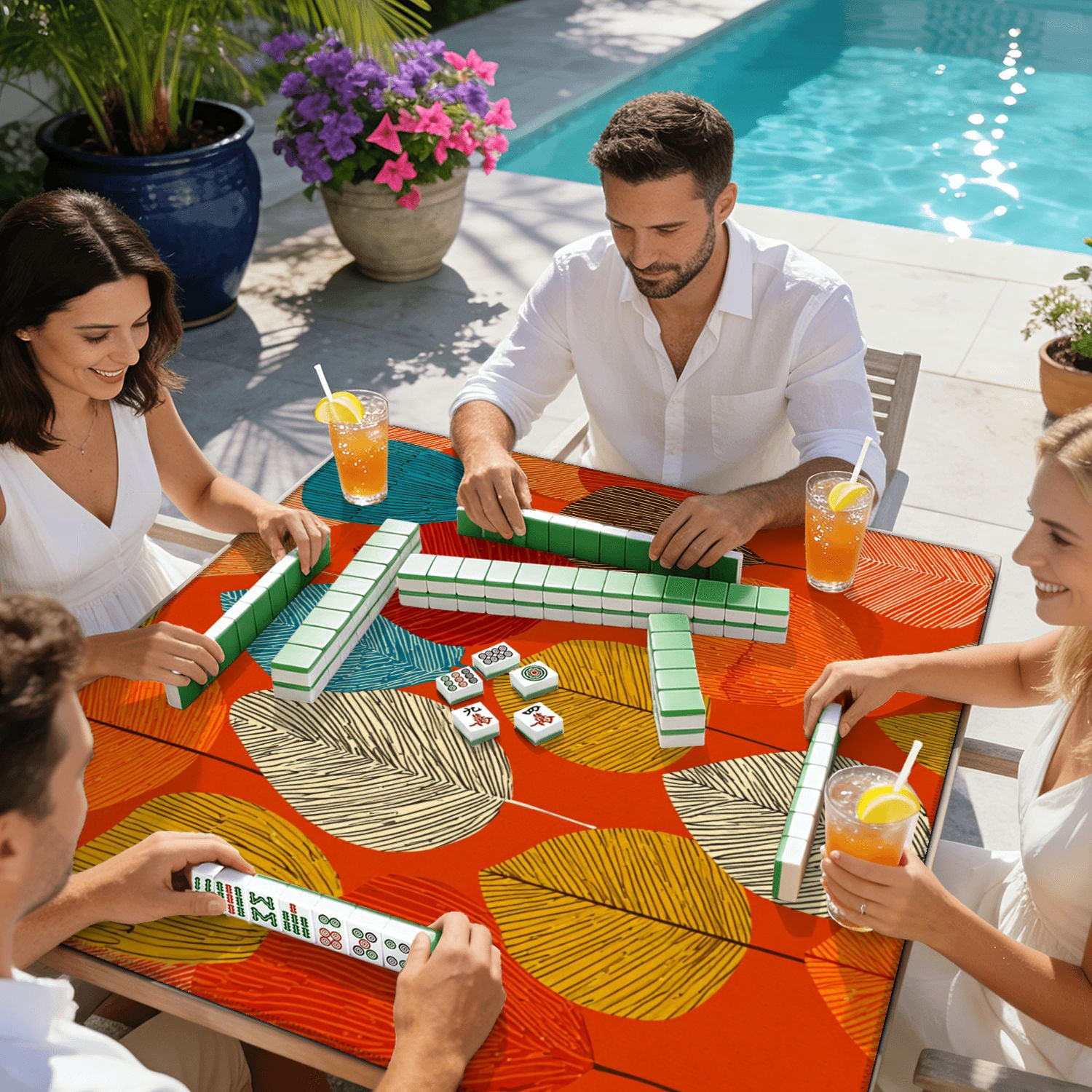 Mahjong Mat 31.5" x 31.5" Flowers leaves Mid century modern art Abstract Non-Slip Noise Reduction American Mahjong Tiles Table Cover for Dominoes Poker Card Board Games Gift
