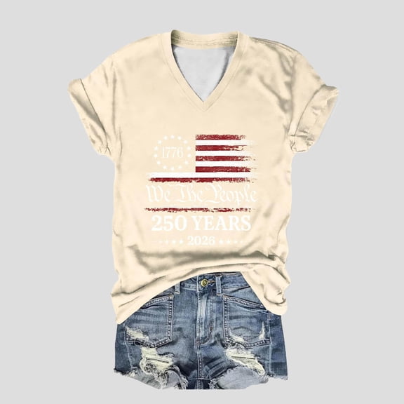 250 Anniversary USA Shirt For Women American Falg Print Short Sleeve Patriotic July 4th T-Shirts Loose Crew Neck Holiday Commemorative Tops Beige L