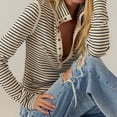 thumbnail image 6 of Womens Striped Henley Shirts Ribbed Long Sleeve Tops Going Out Slim Fit Top Fall Fashion Basic Tees White M, 6 of 8