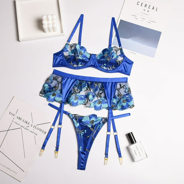Conjunto de ropa interior sexy con bordado de flores, conjunto de tres piezas con anillo de acero, diosa azul sagrada