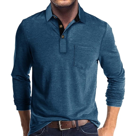 Men's Long Sleeve Polo Shirts Classic Button Casual Collared Shirt Soft Lightweight Golf Tees with Pocket, L
