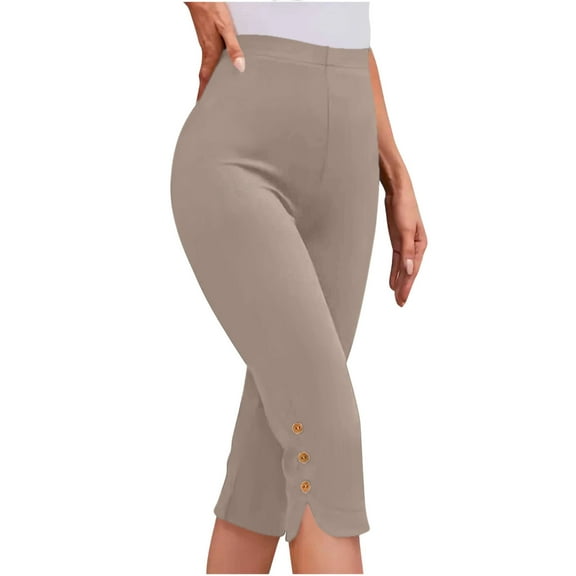 REALiKUN Capri Pants for Women Casual Summer Dressy Pull On Stretch High Waisted Buttons Slit Bottom Crop Work Leggings