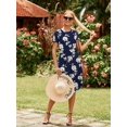thumbnail image 2 of Vestido midi casual para mujer, manga corta, manga corta, estilo profesor, rosa, floral, azul marino, talla M, 2 of 5