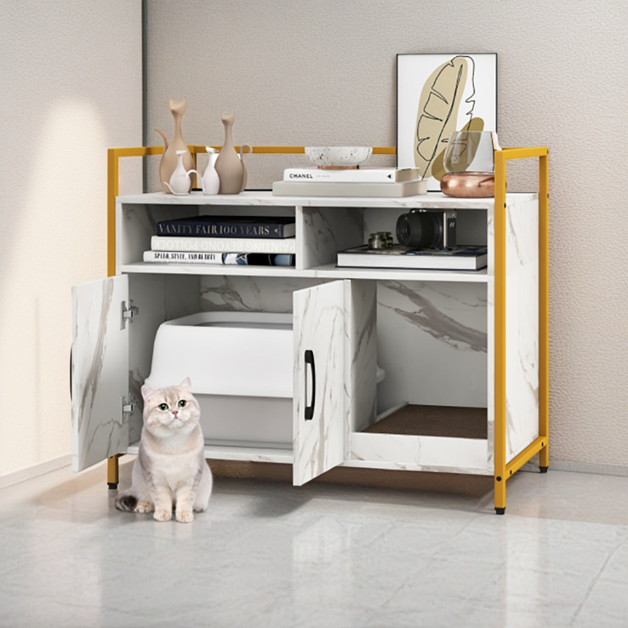 Kadyn 35" Hidden Cat Litter Box Enclosure Furniture, Cat Washroom with Cat Scratcher, 2-Door Cat House, Metal Frame, Wooden Litter Box Furniture, White