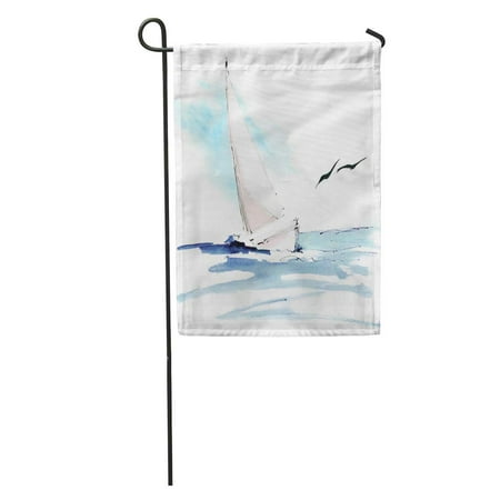 Colorful Sailboat Paintings KDAGR Blue Painting Yacht in Sea Seagulls Colorful Watercolor Hand Lllustration Sail Boat Ocean Garden Flag Decorative Flag House Banner 28x40 inch ()