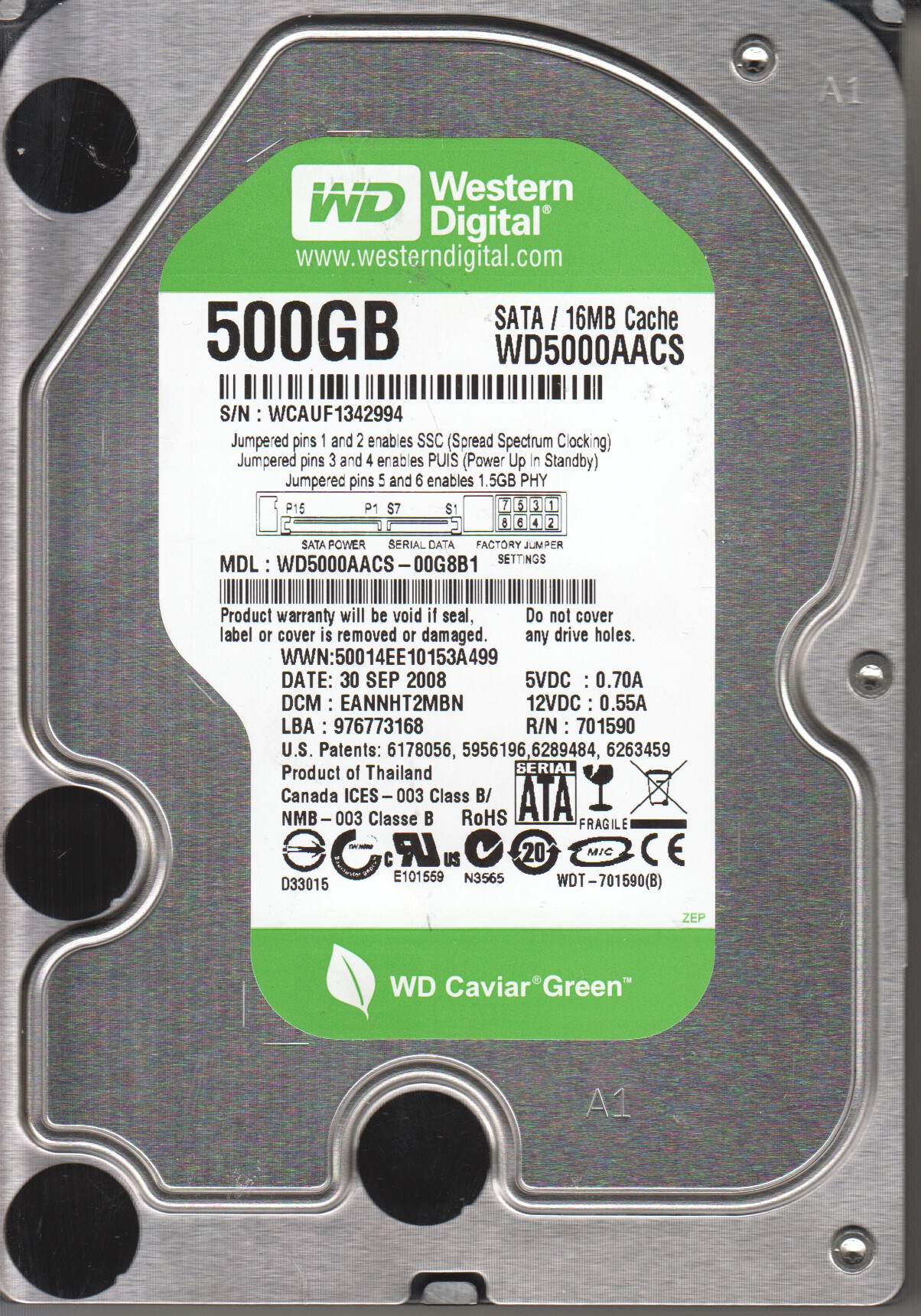 WD5000AACS00G8B1, DCM EANNHT2MBN, Western Digital 500GB SATA 3.5 Hard