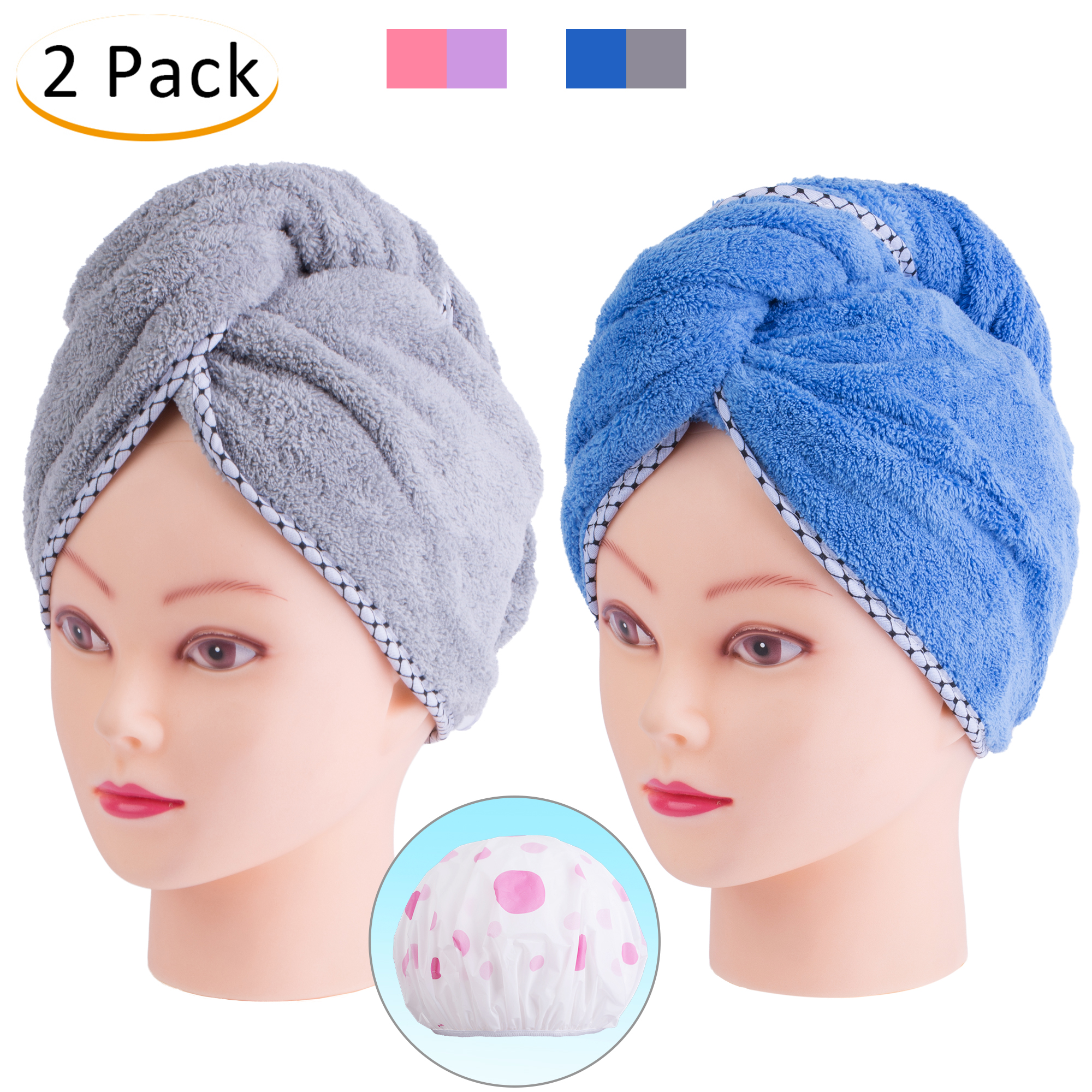 JML Hair Towel Cap Set, Quick Dryer, Pack of 2 Magic Hair Turban Wrap for Bath Spa Hot Tube and