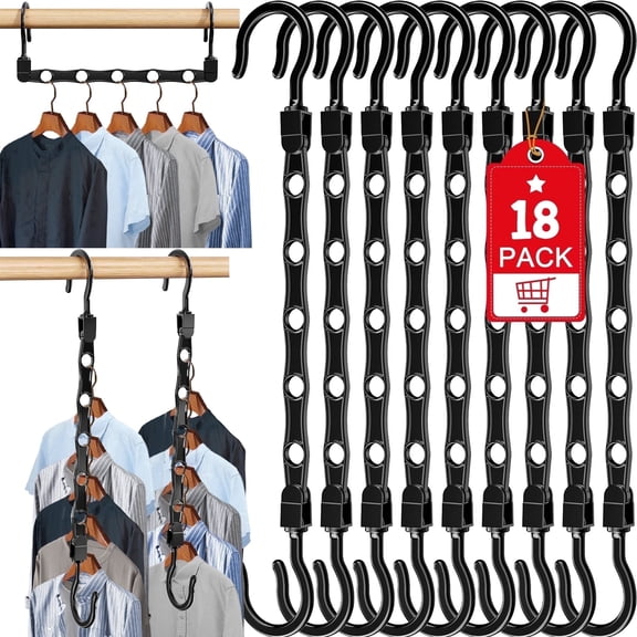 Scidweet Clothes Hangers, 18 Pack Space Saving Plastic Hangers Magic Closet Hanger Closet Organizer Multifunctional Hanger, Black