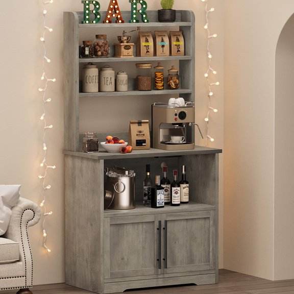 Bakers Rack with Storage, Tall Versatile Storage Shelf with Thick Tabletop,Coffee Bar for Dining Room, Microwave Oven Stand Pantry Hutch with Door