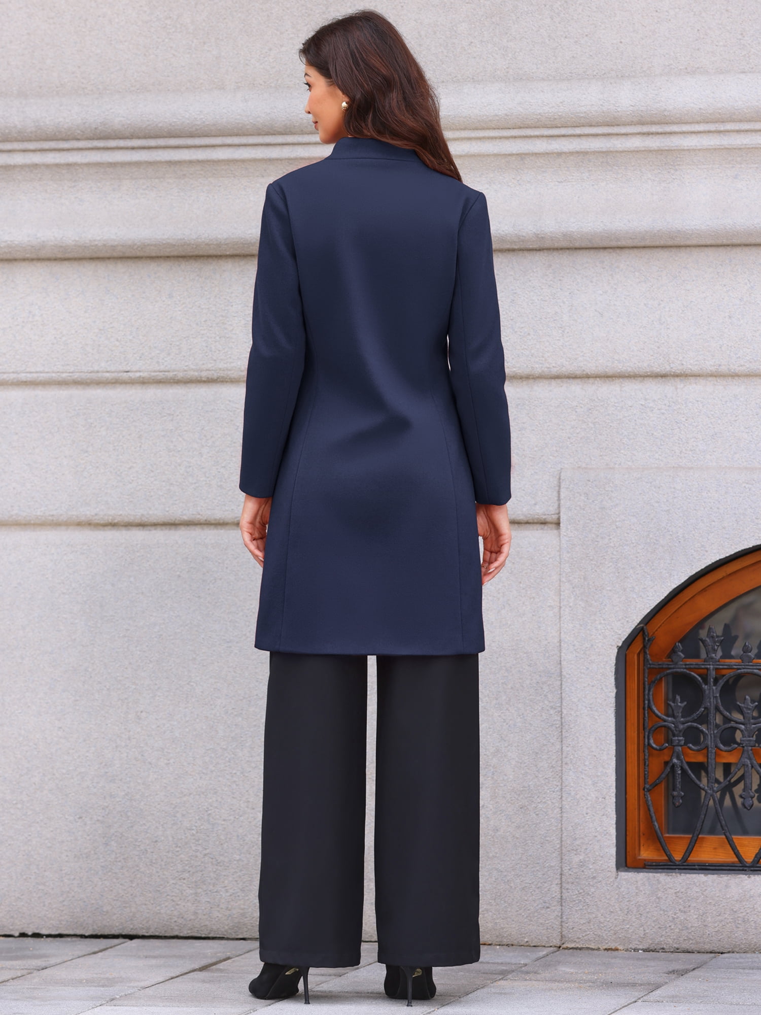 DARING DIVA Women's Stand Collar Mid-Length Overcoat with Pockets XL Navy Blue