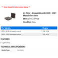 thumbnail image 2 of Air Filter - Compatible with 2002 - 2007 Mitsubishi Lancer 2003 2004 2005 2006, 2 of 2