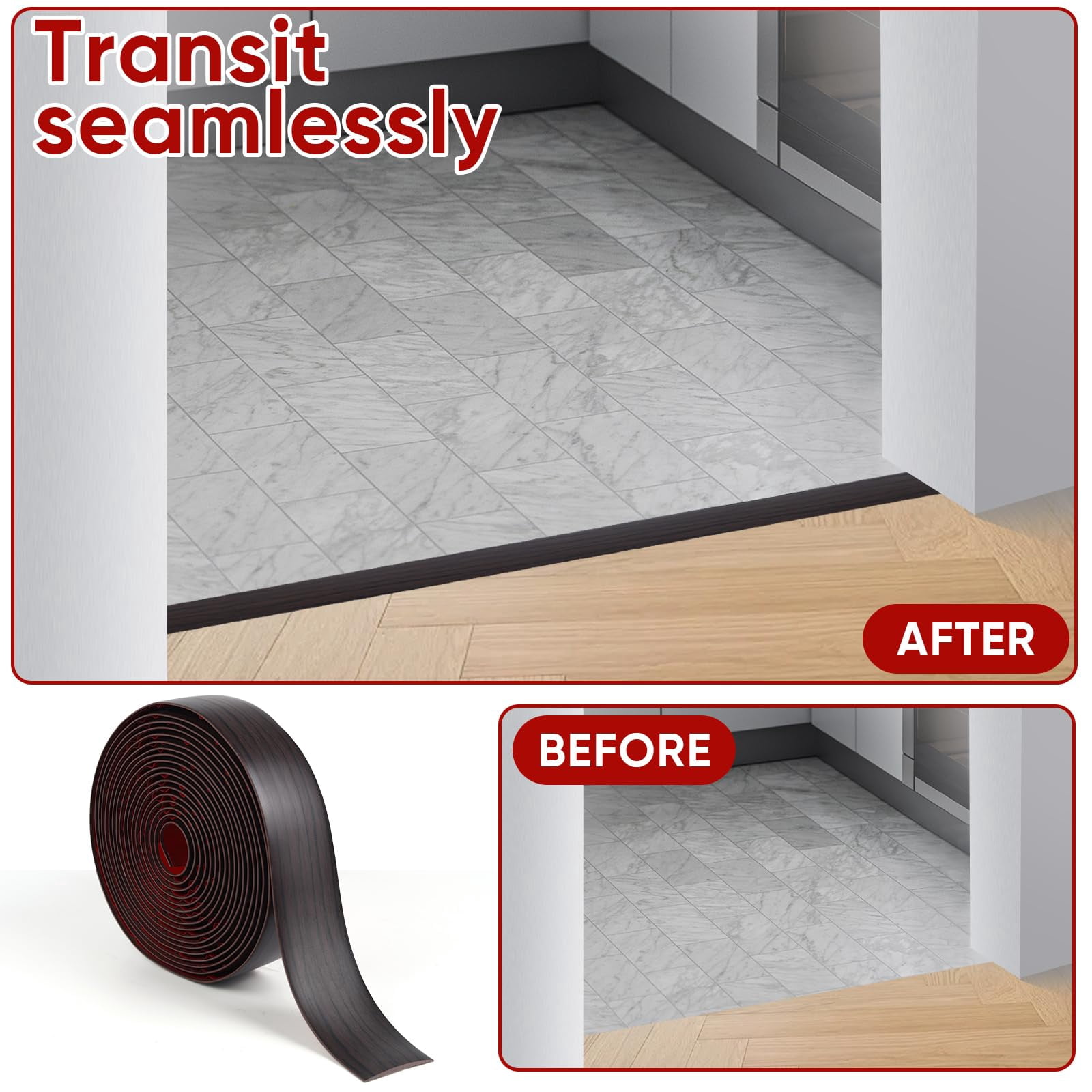 Floor Transition Strip Black Walnut Wood Grain 2"-20 FT Self-adhesive