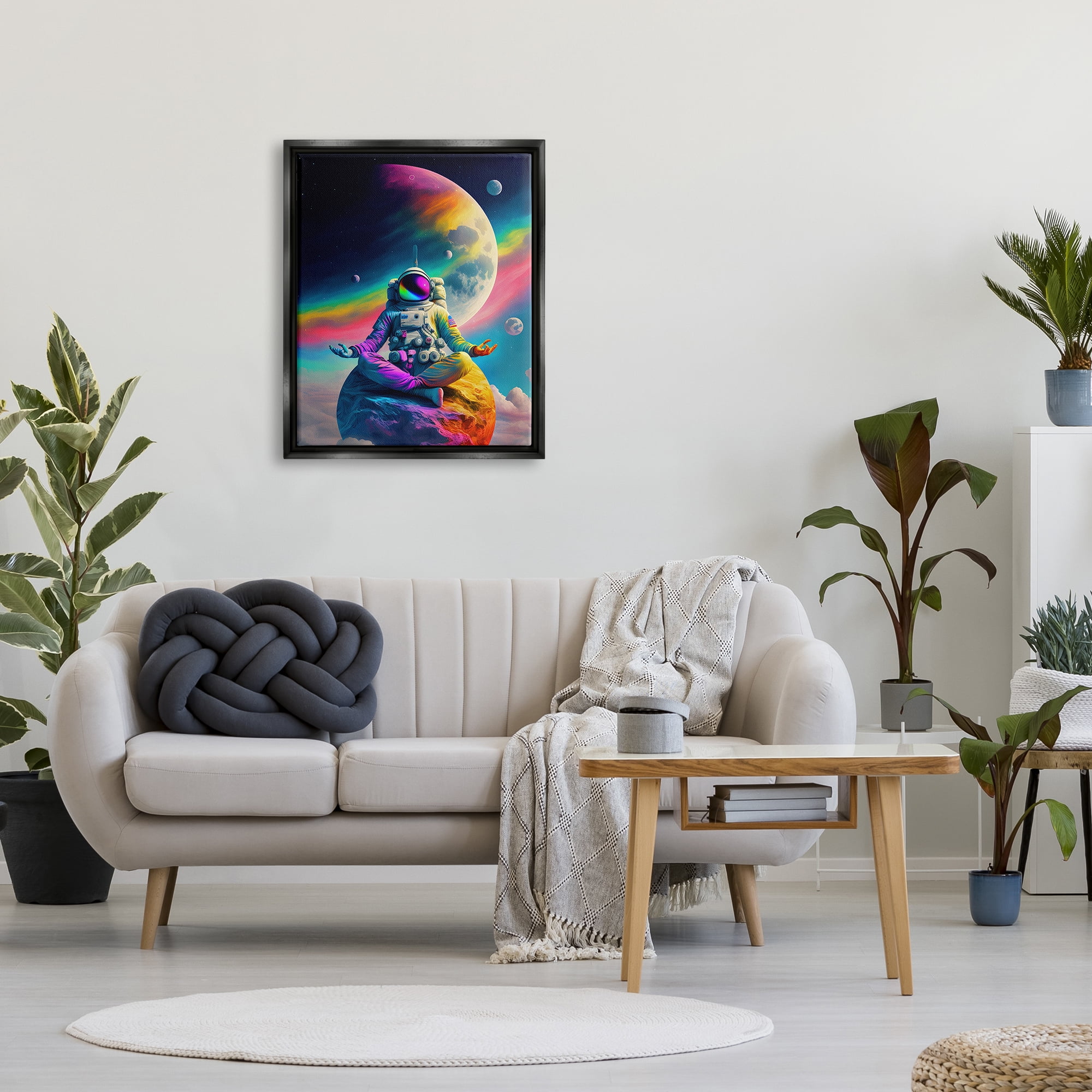 Stupell Industries Astronaut Meditating on Moon Novelty Painting Black Floater Framed Canvas Art Print Wall Art, 25 x 31