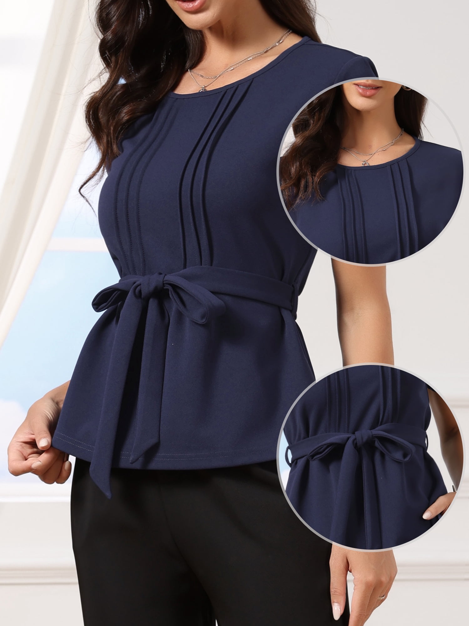 DARING DIVA Women's Peplum Summer Pleated Crew Neck Blouse XS Dark Blue