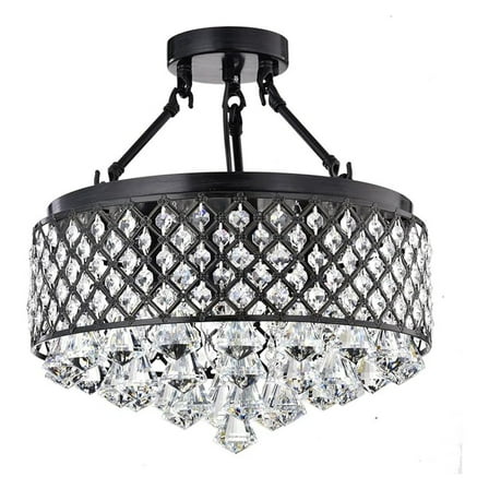 Round Semi Flush Mount Crystal Chandelier, 4 Lights Glam Lighting Fixture with Antique Black Finish, Crystal Encrusted Drum Shade, Bedroom, Living Room, Girls Room, Closet