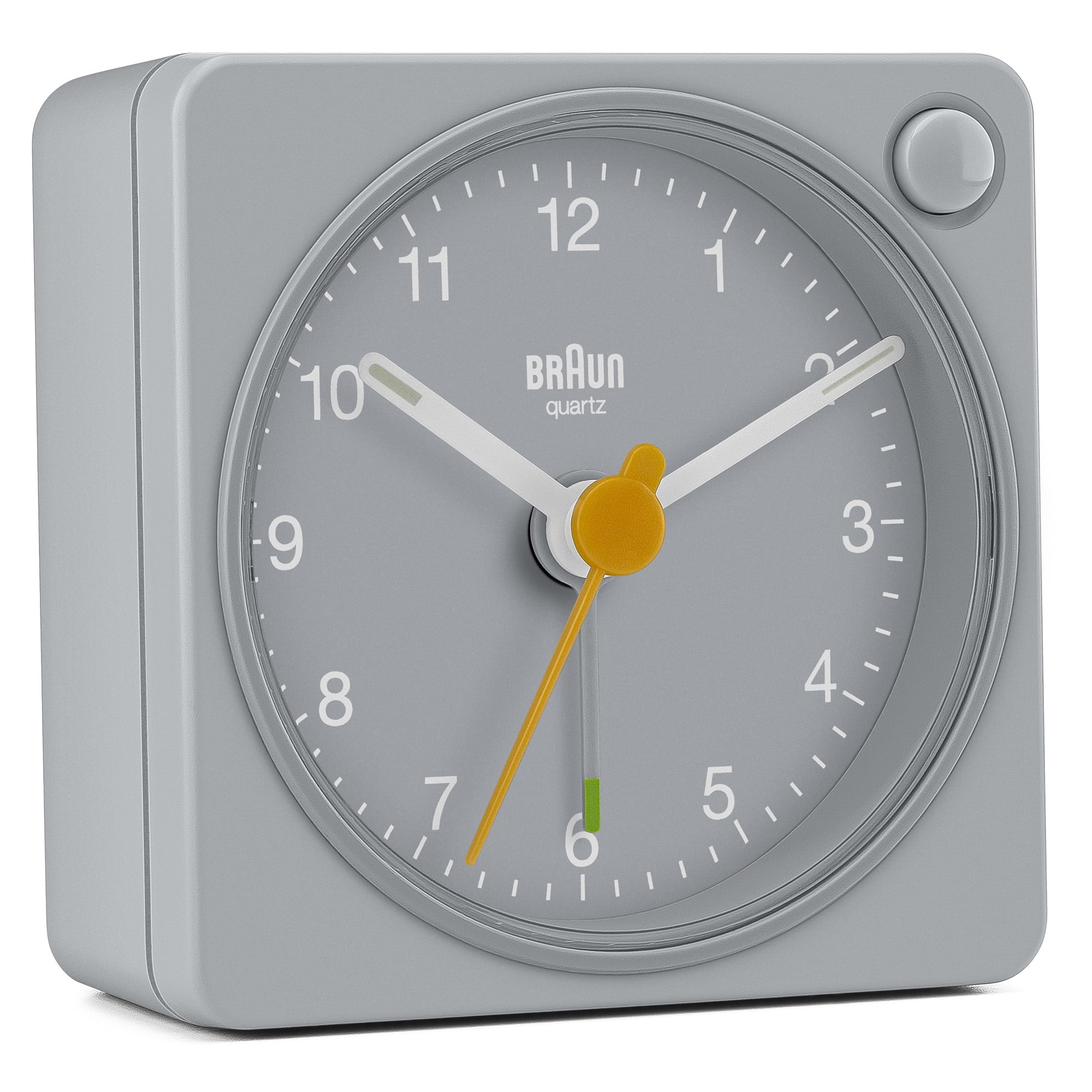 Braun Classic travel Analogue Alarm Clock with Snooze and Light, Compact Size, Quiet Quartz Movement, Crescendo Beep Alarm in Grey, model BC02XG. Braun Classic travel Analogue Alarm Clock with Snooze and Light, Compact Size, Quiet Quartz Movement, Crescendo Beep Alarm in Grey, model BC02XG.
