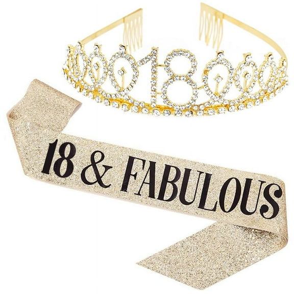 TY"18 and Fabulous" Sash & Rhinestone Tiara Set - 18th Birthday Sash 18 Birthday Gifts Party Favors,gold