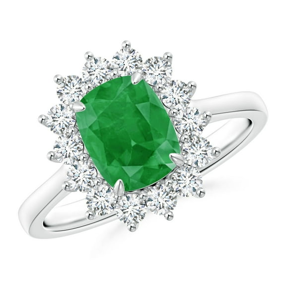 ANGARA Natural Cushion Cut 1.25 ct Emerald and Diamond Floral Ring with Claw Set in 14K White Gold for Women (Size-8x6mm) | May Birthstone, Anniversary, Jewelry Gift for Women | Natural Emerald Ring
