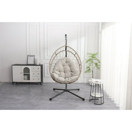 Outdoor egg-shaped hanging chair with stand, patio wicker swing egg-shaped chair, indoor rocking chair, outdoor hammock egg-shaped chair, linen gray
