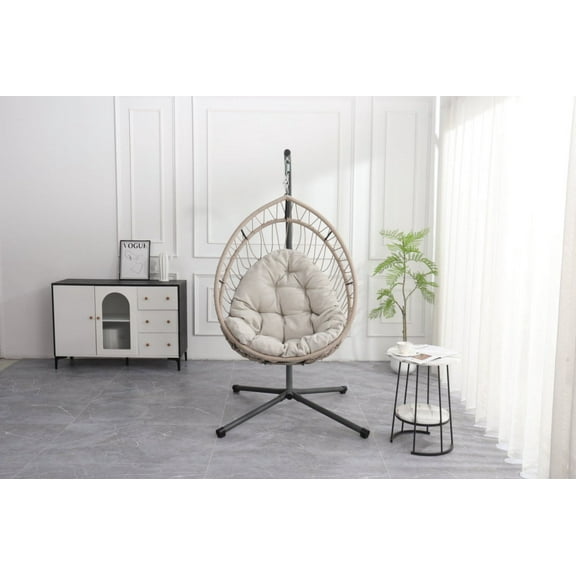 Outdoor egg-shaped hanging chair with stand, patio wicker swing egg-shaped chair, indoor rocking chair, outdoor hammock egg-shaped chair, linen gray